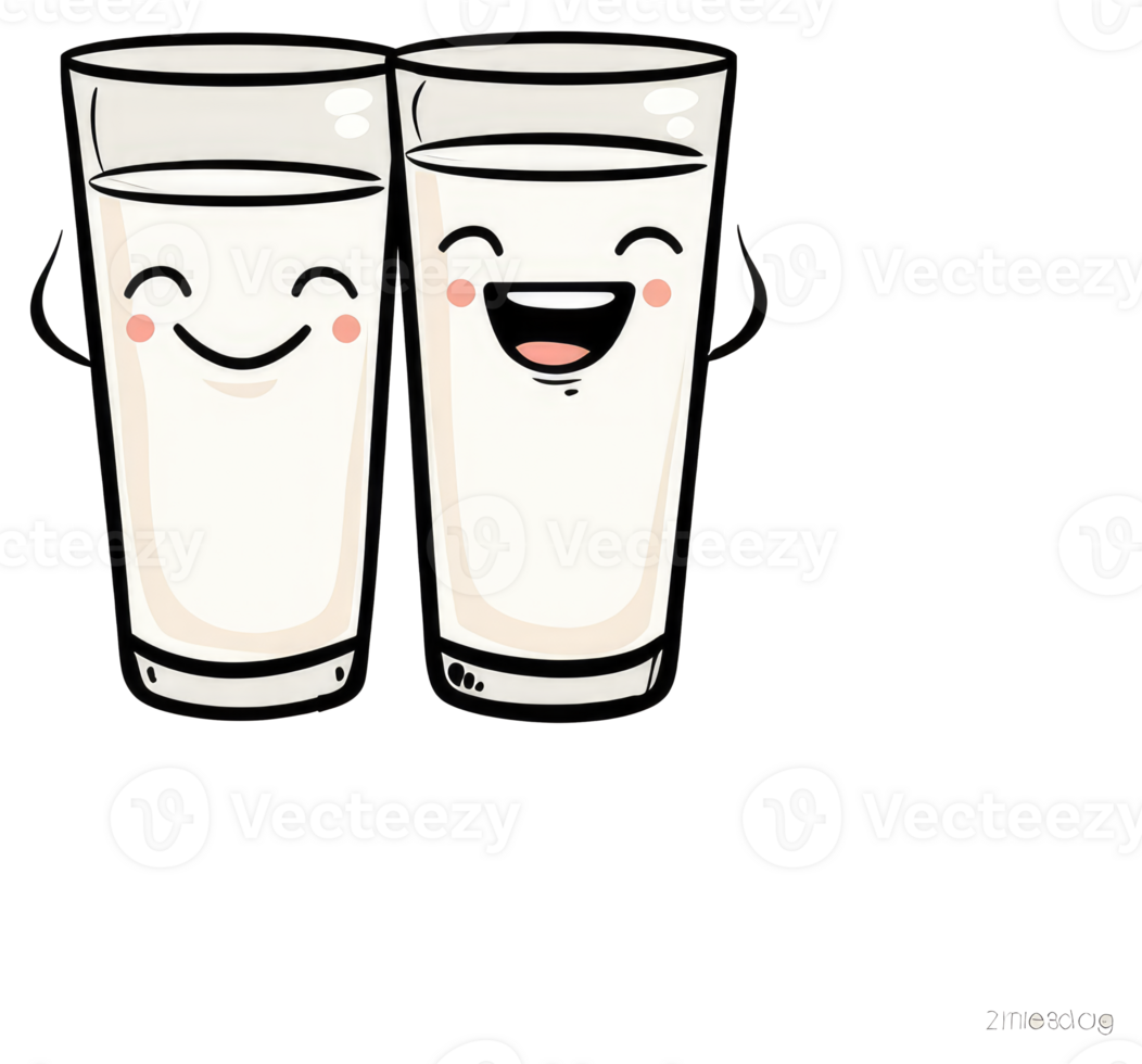 Two cartoon glasses of milk display smiling happy faces png