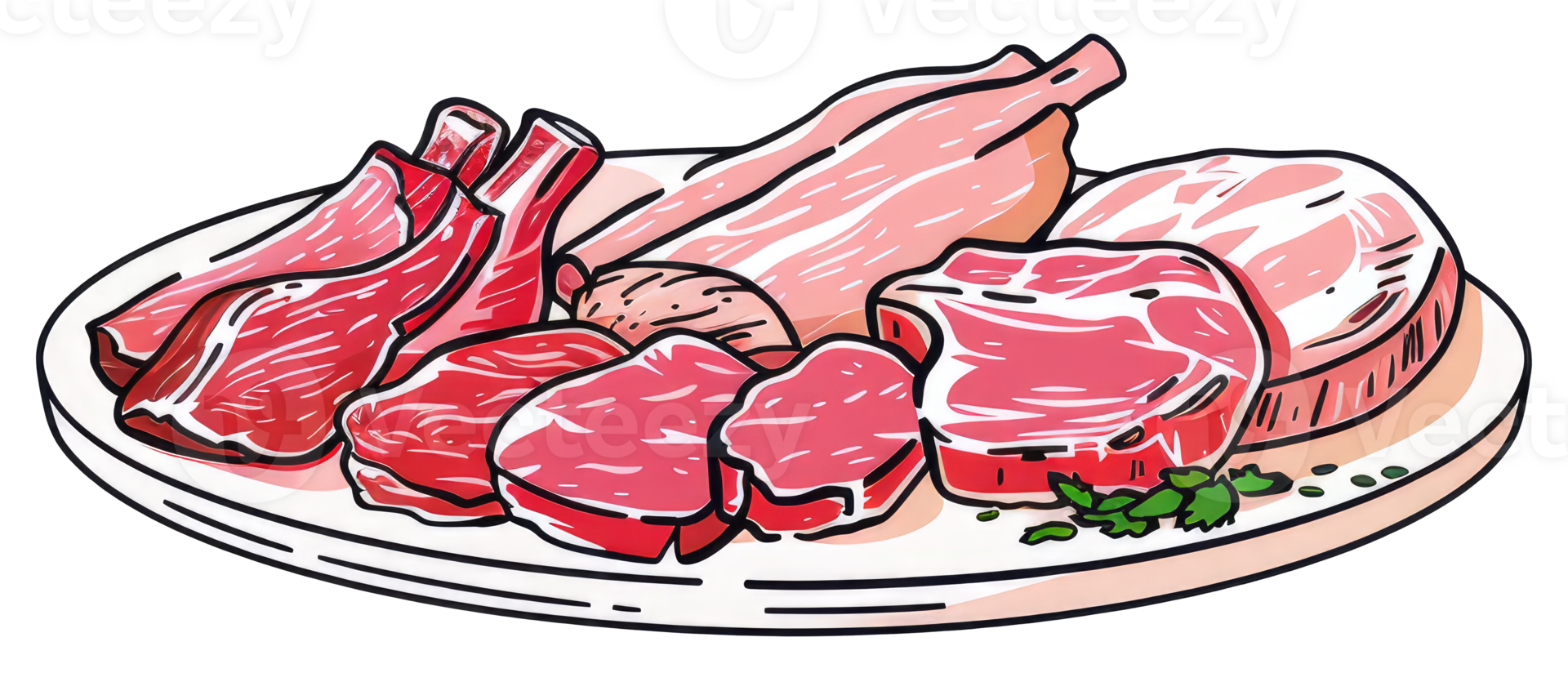 Various Raw Red Meat Cuts Arranged Beautifully On A Plate png