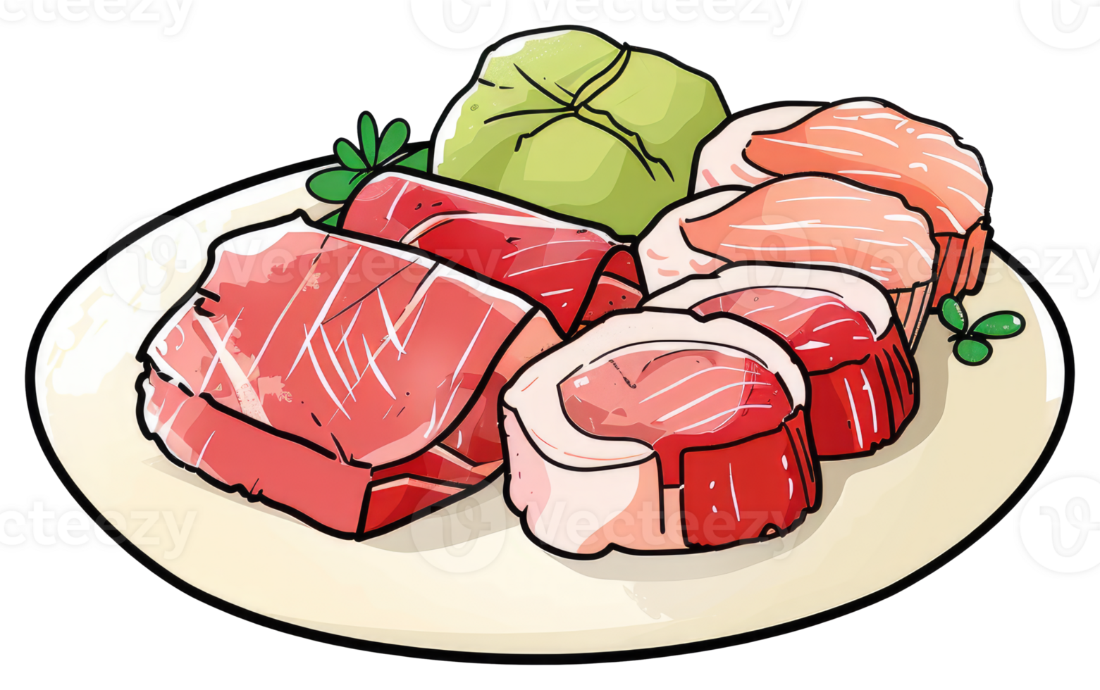 Plate of assorted raw seafood and wasabi presentation png