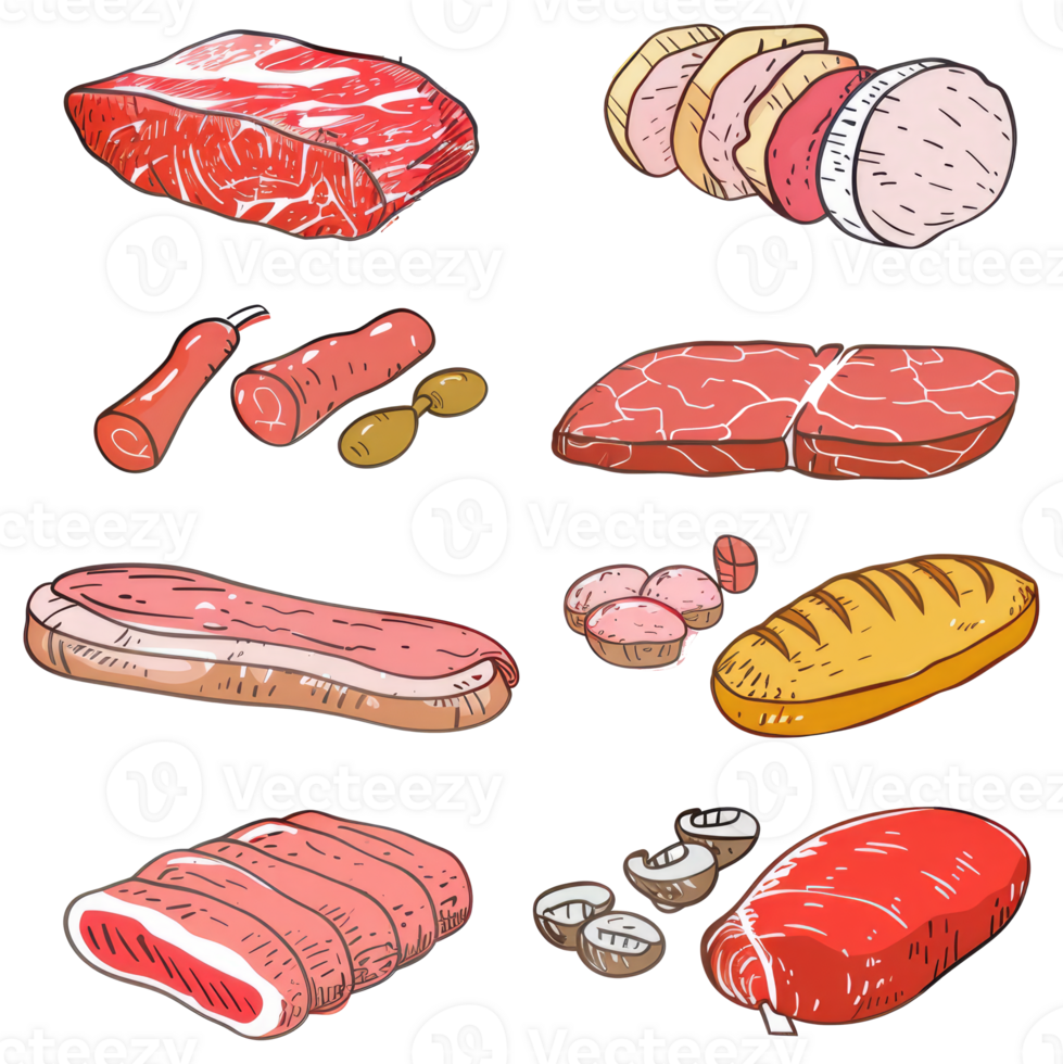 Various cuts of raw and cooked meats with supporting food items png