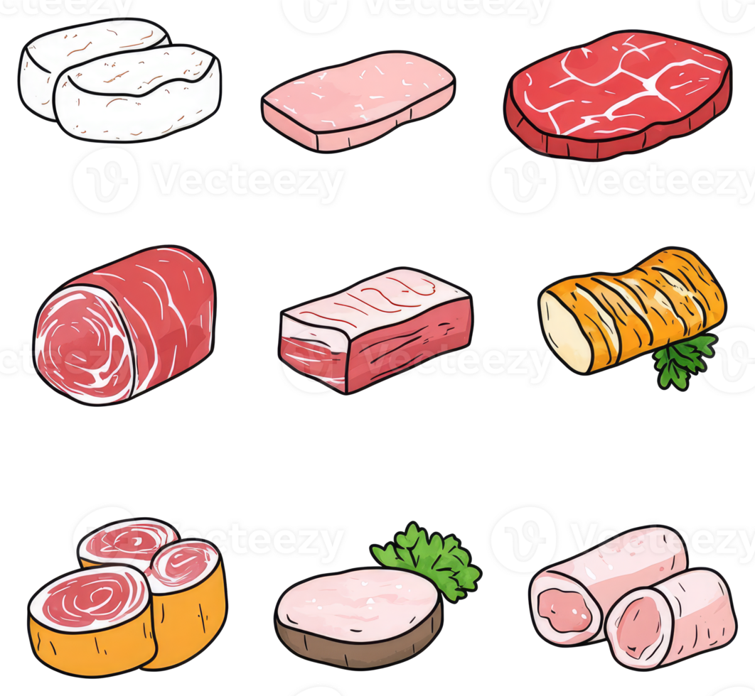 Various illustrations of different raw and prepared cuts of meat png