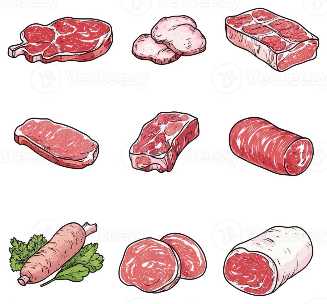 A colorful illustration showcasing various uncooked cuts of fresh red meat png