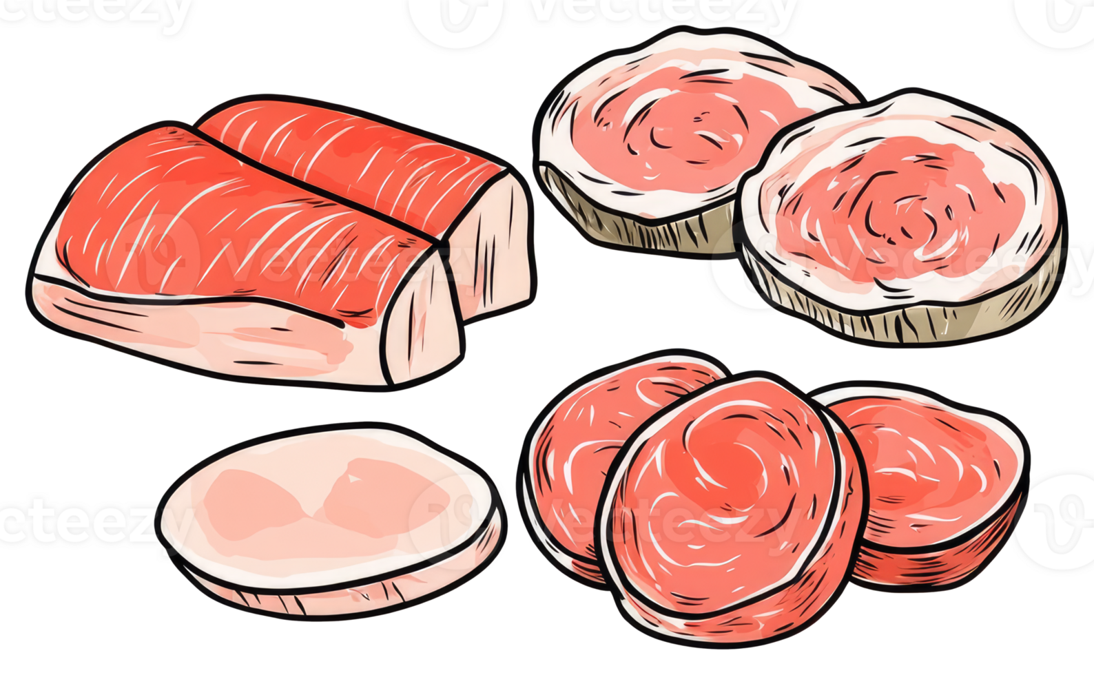 Various cuts of raw meat artfully arranged for visual representation png