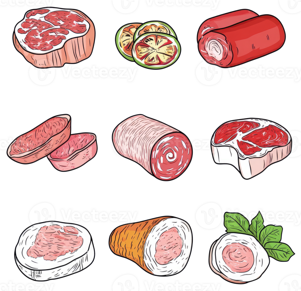 Various cuts of raw meats and a citrus fruit displayed artfully png
