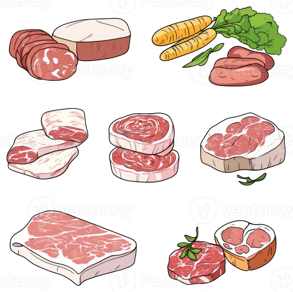 Various cuts of meat and vegetables are illustrated with detail png