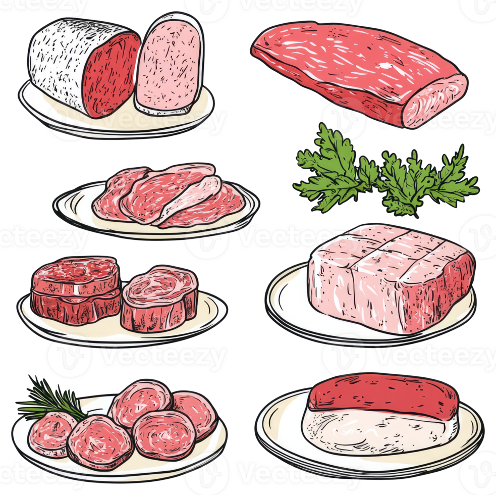 Illustrated depictions of various fresh cuts of uncooked meats png