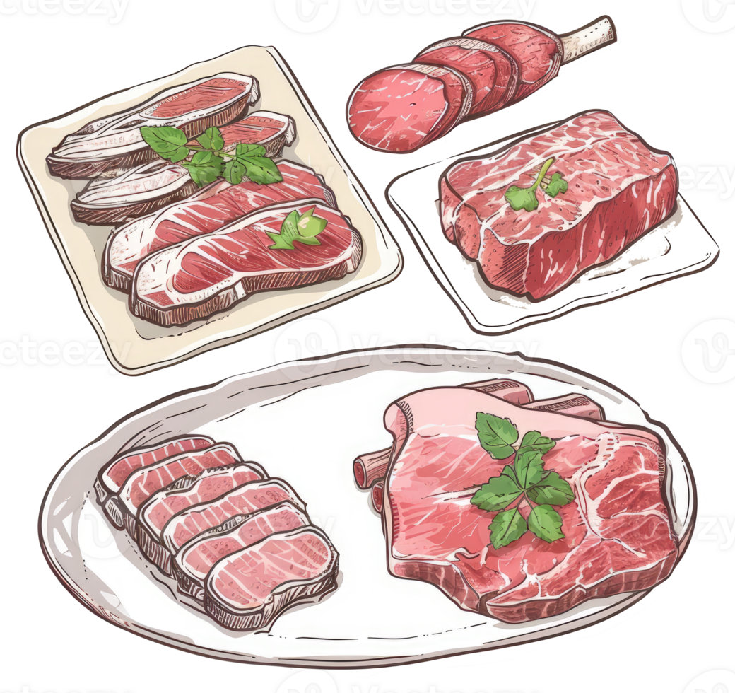 Drawings of various uncooked cuts of red meat on serving platters png