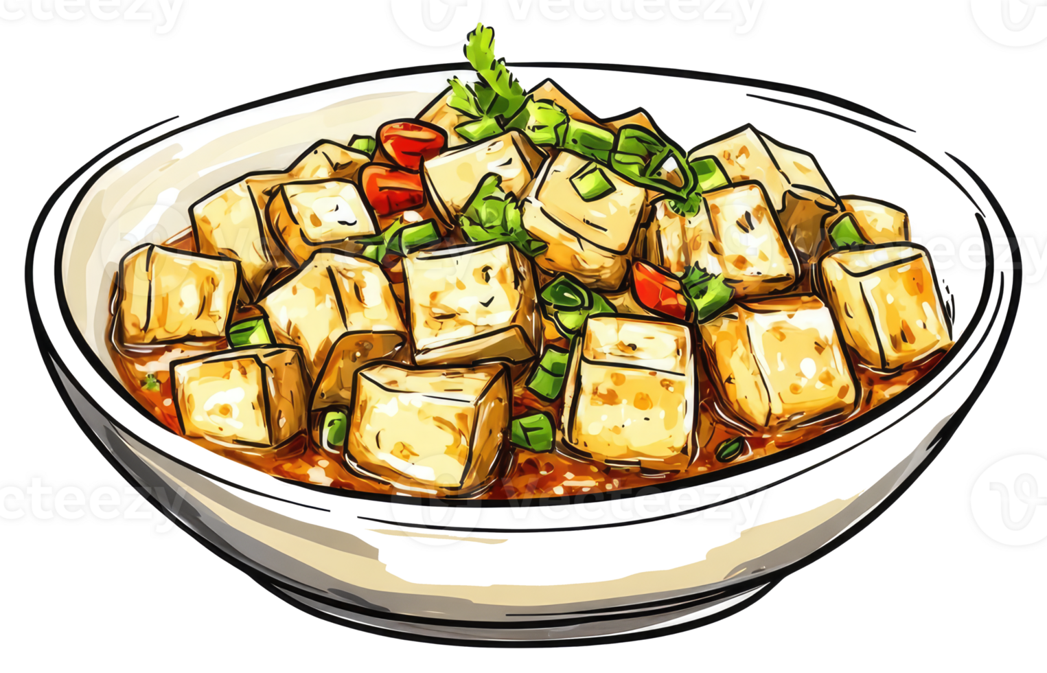 A Bowl Of Cooked Tofu Cubes With Garnishes and Sauce png