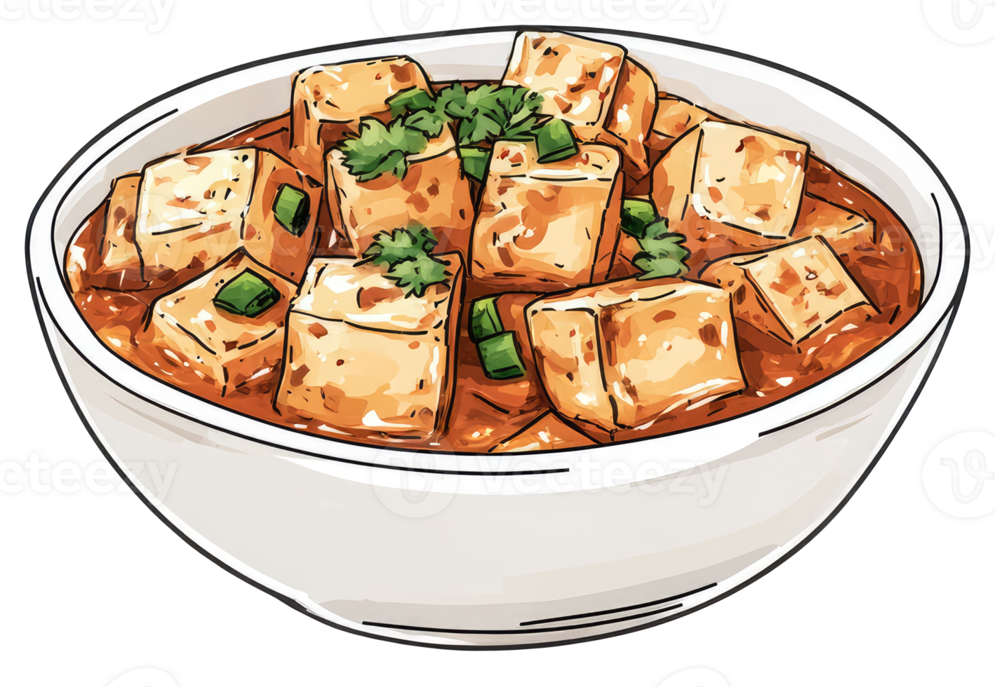 Delicious bowl of tofu and sauce with green herbs on top png