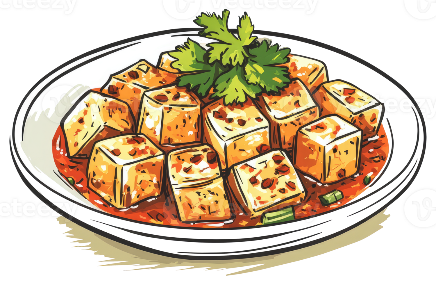 Cubed tofu dish served on a white plate with greenery garnish png