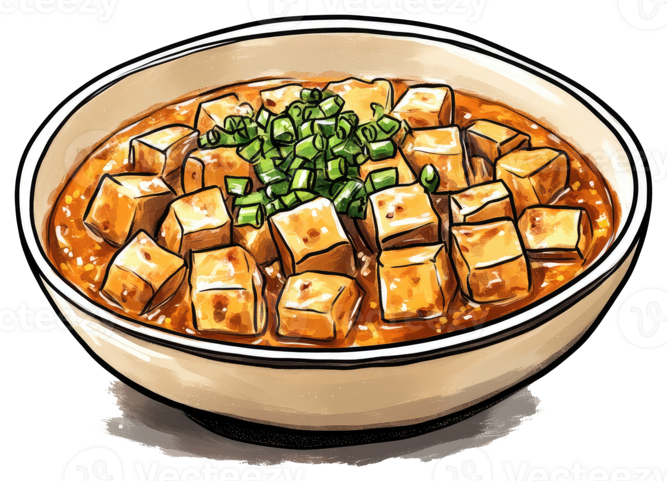 Delicious tofu dish served in a white bowl with garnish png