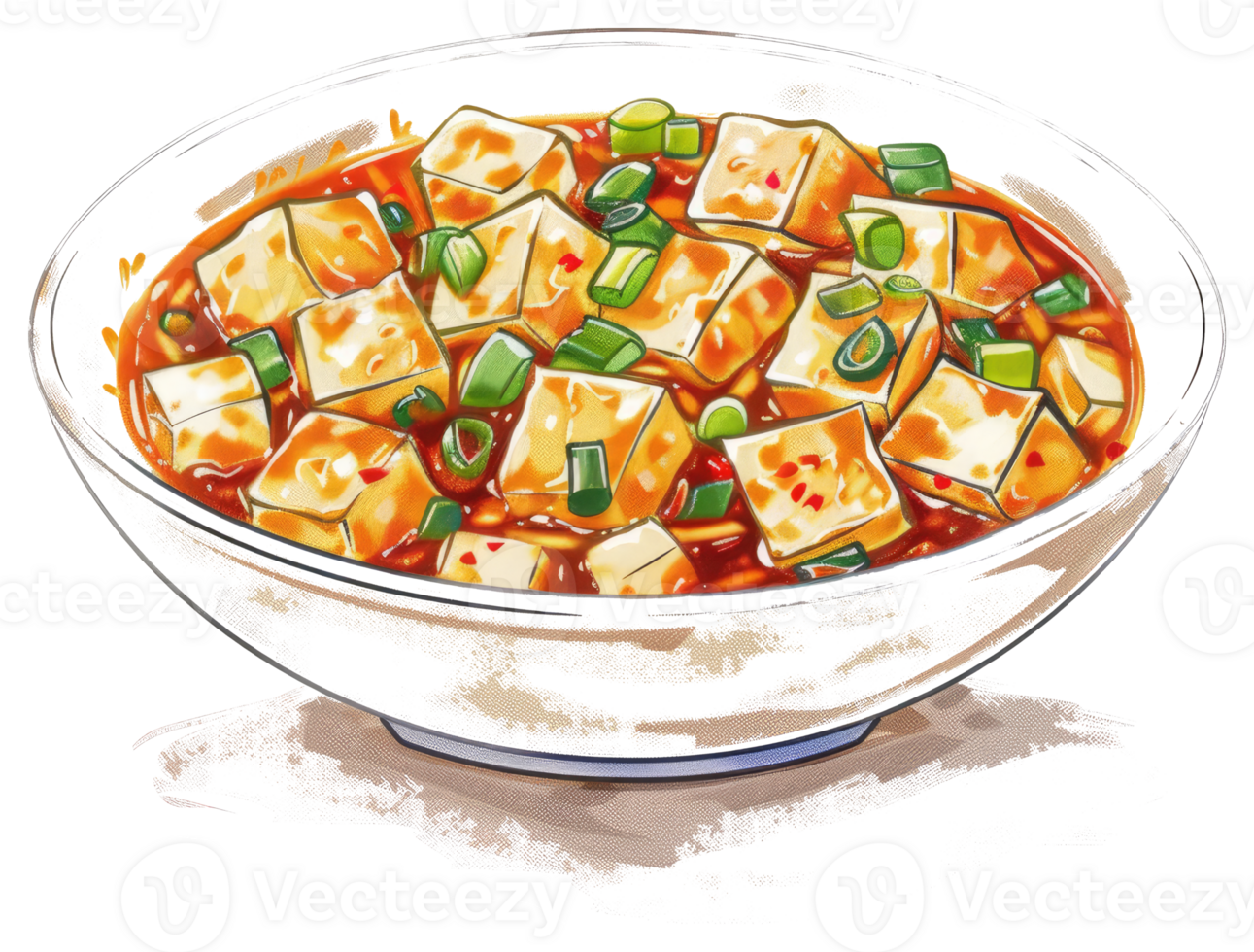 A colorful illustration of a bowl of tofu in sauce png