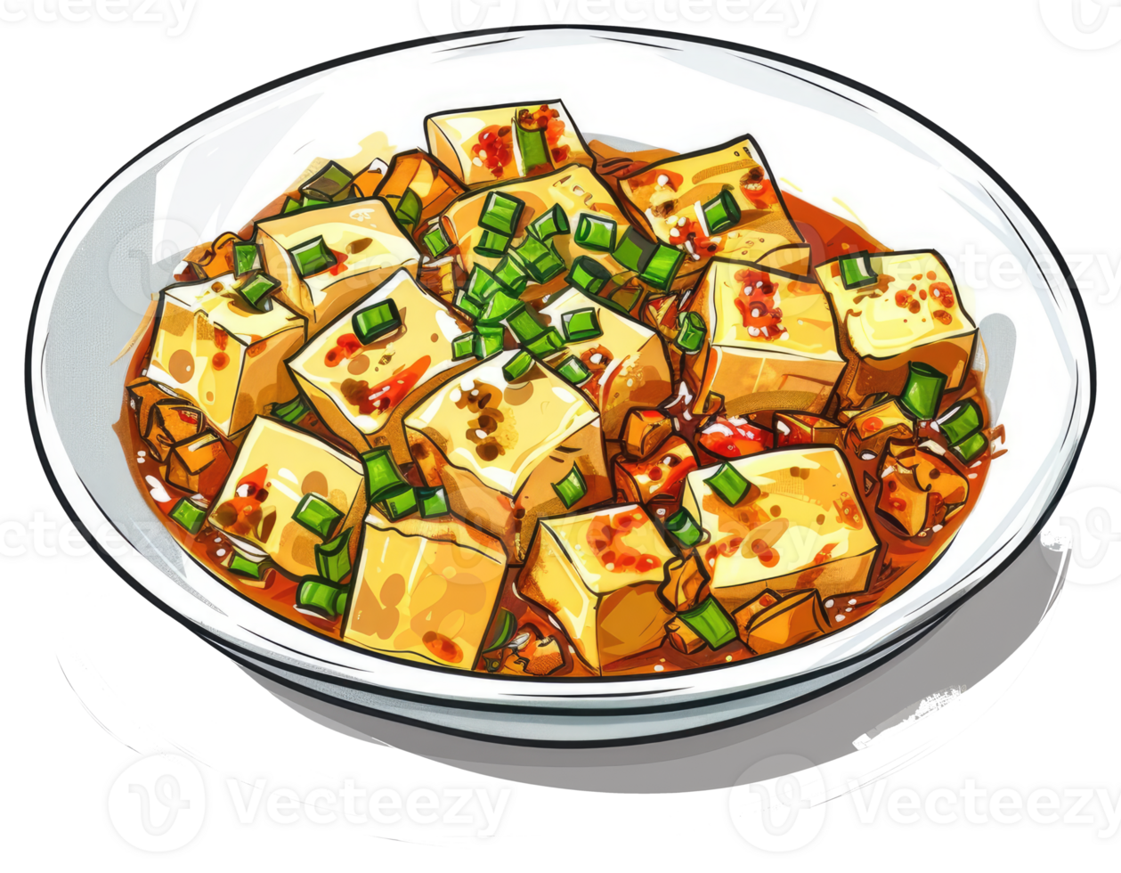 A delicious serving of tofu cubes in a flavorful sauce with garnish png