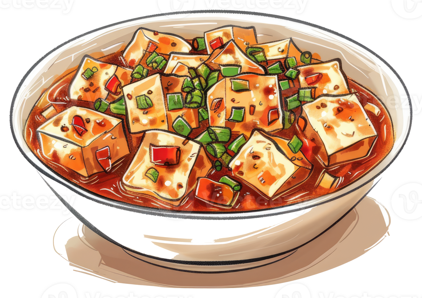 A Bowl Of Savory Tofu With Sauce And Garnishes png