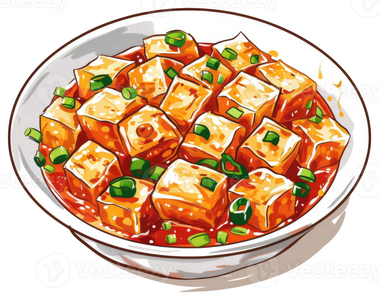 A white bowl featuring tofu cubes in a red sauce with herbs png