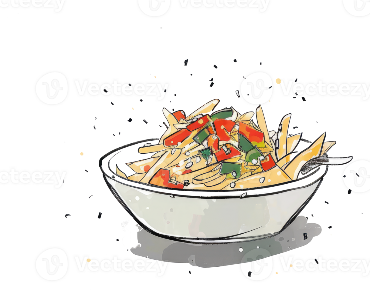 A bowl of pasta with vegetables and garnish is shown png