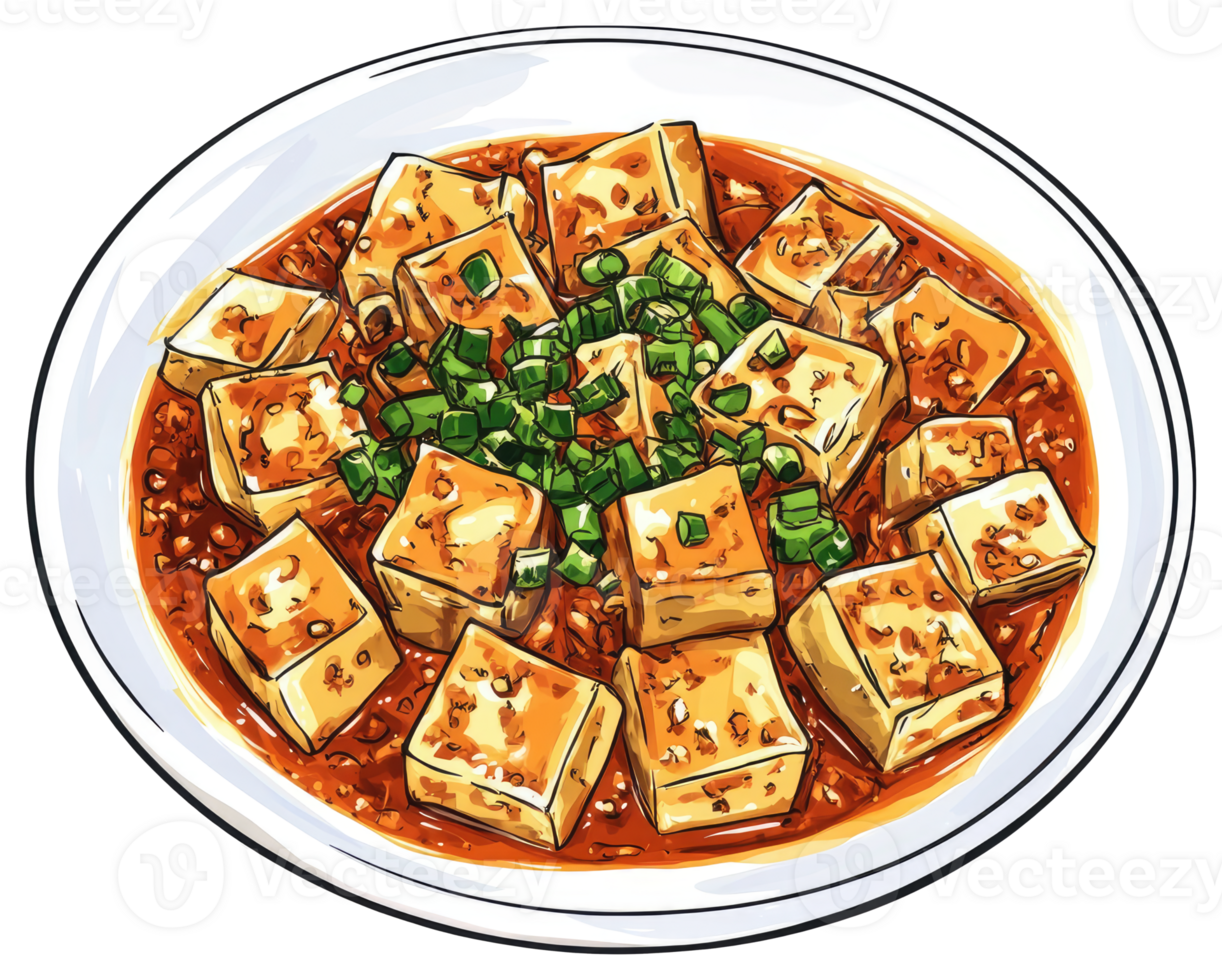 Delicious serving of spicy tofu stew garnished with green herbs png