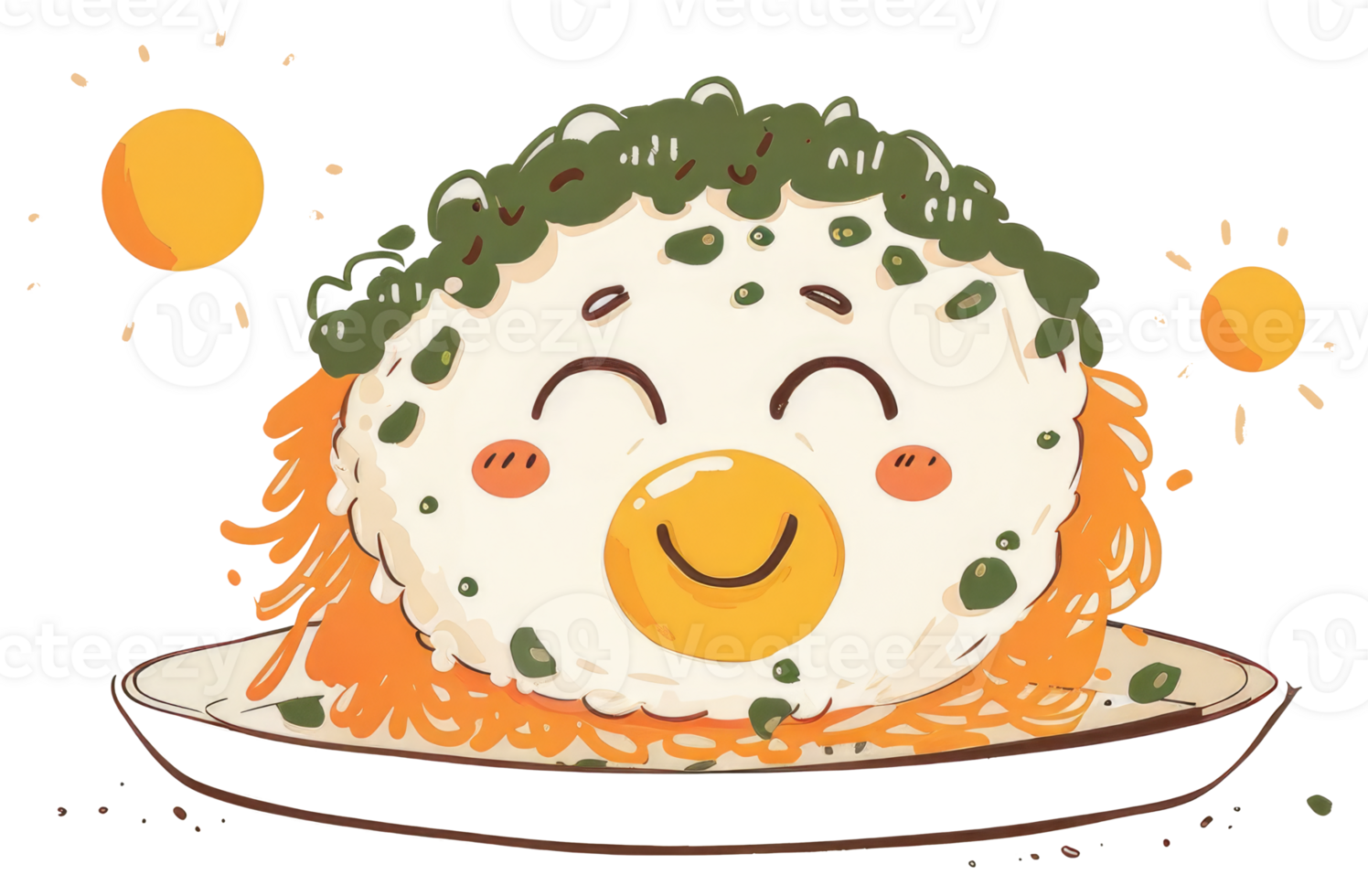 A happy cartoon egg with fried noodles on a plate png
