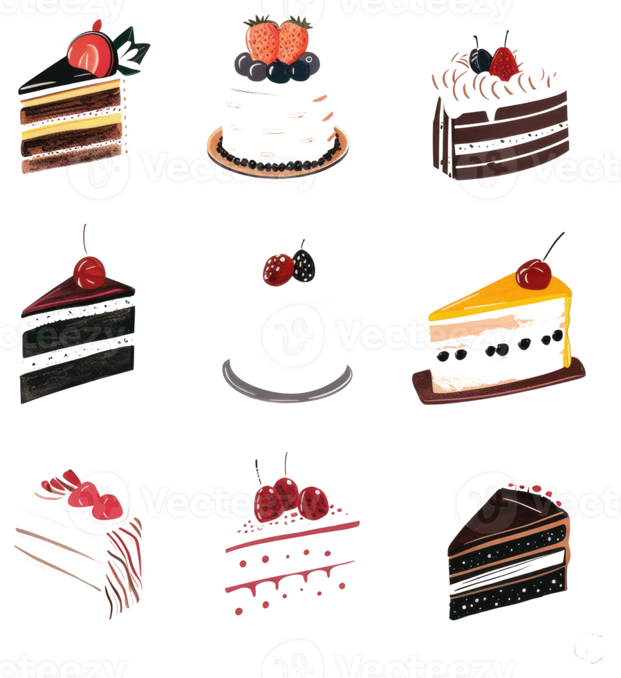 A collection of different cake slices each with unique decorations png