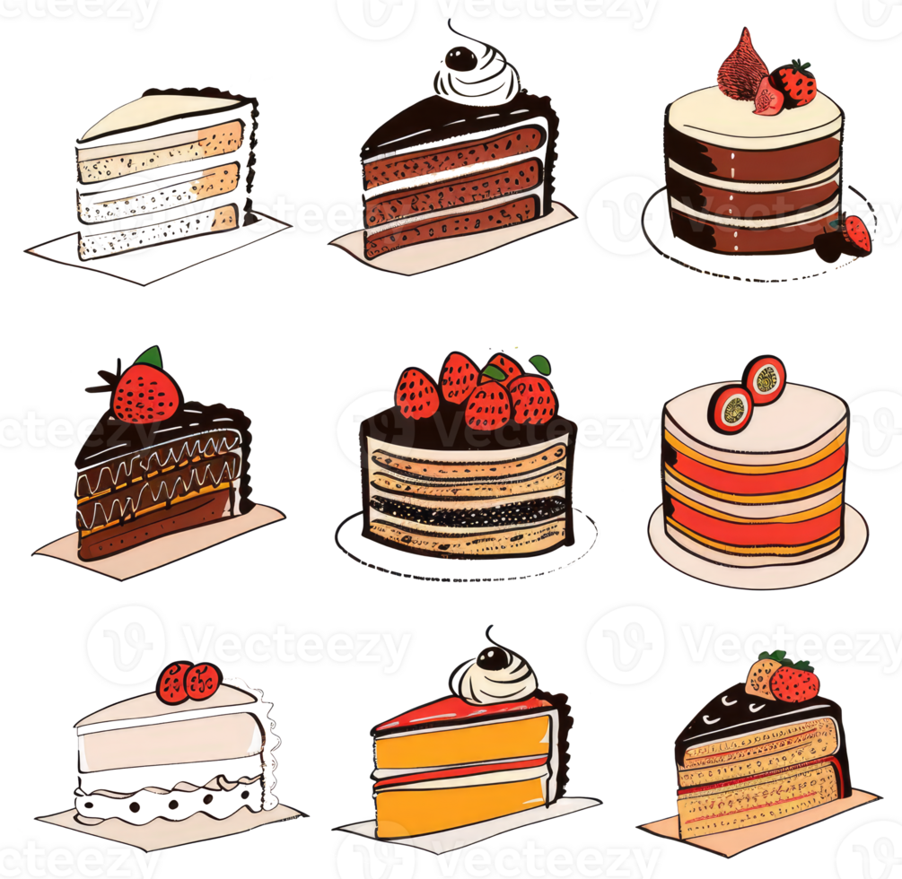 Nine different slices and whole cakes on a white background png