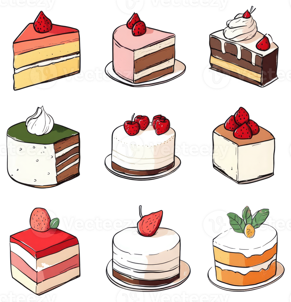 A colorful collection of various delicious decorated cake slices png