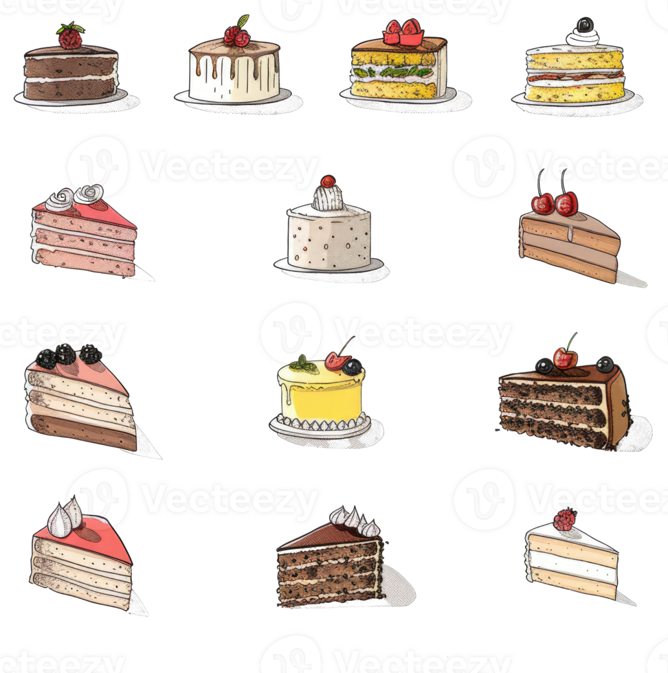 A variety of colorful and delicious cakes are displayed on white png