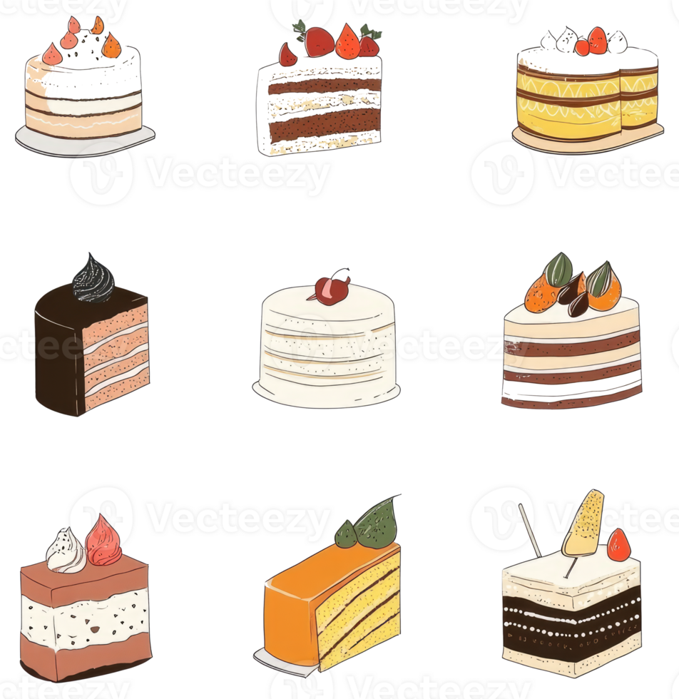 A colorful illustration featuring various delicious decorated cakes png