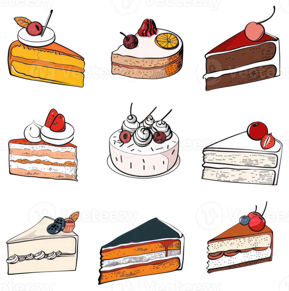 A collection of various illustrated cake slices with colorful toppings png