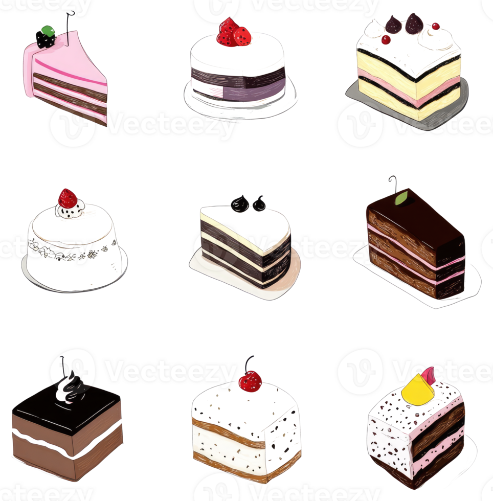 Delicious and colorful illustrations of various slices and whole cakes png