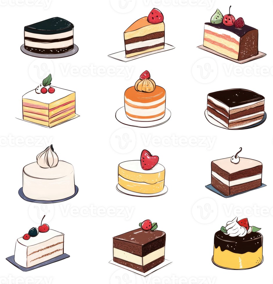 A variety of beautifully illustrated cakes with delicious toppings png