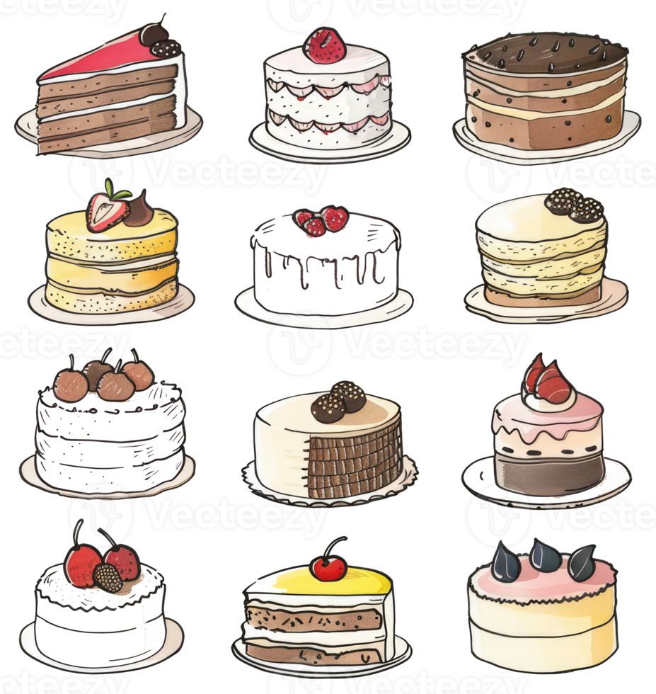 An illustrated collection of various cakes decorated with fruits and creams png