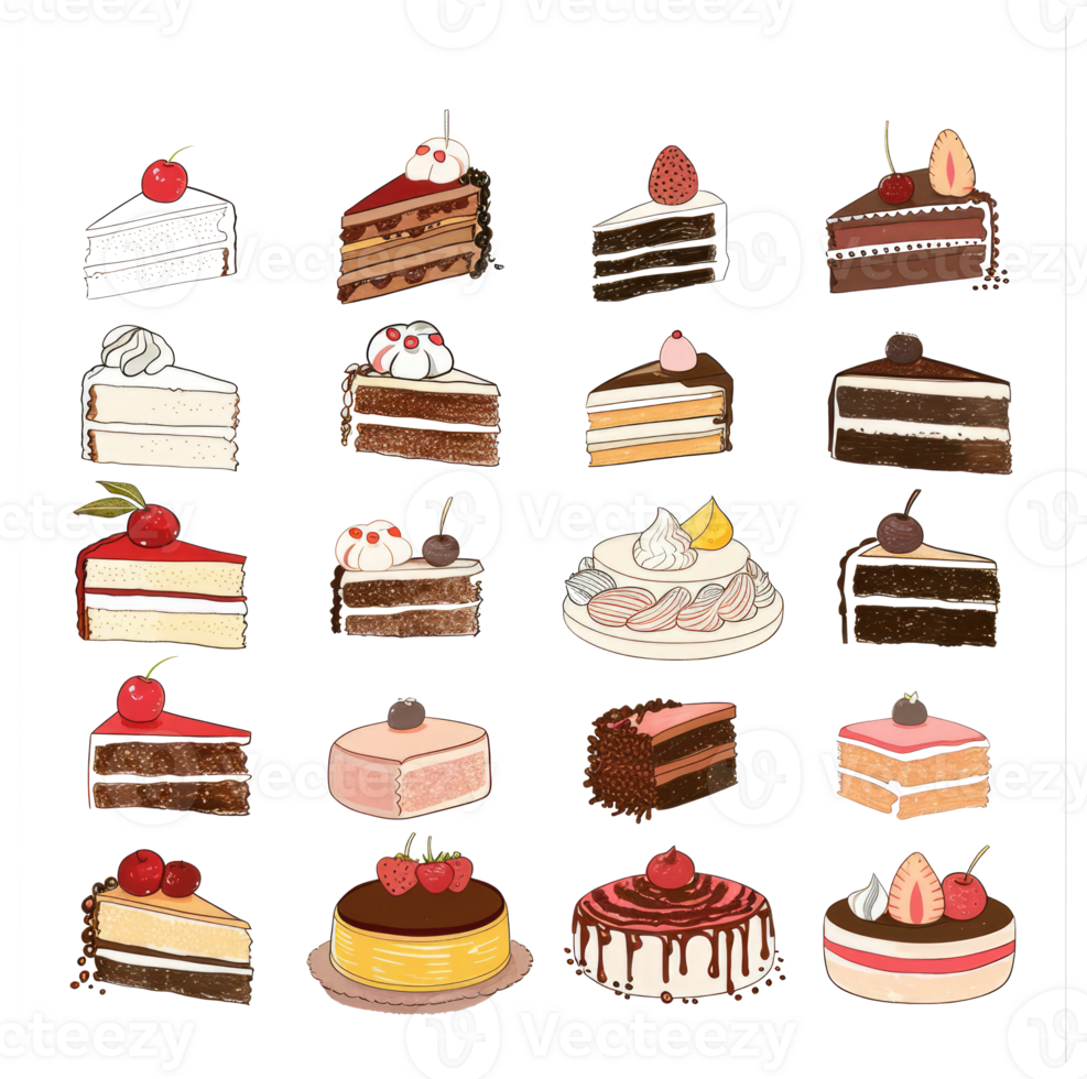 An illustration presenting various individual slices of delicious cakes png