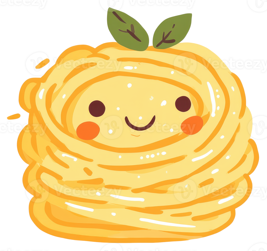 A smiling cartoon pasta dish is garnished with green leaves png