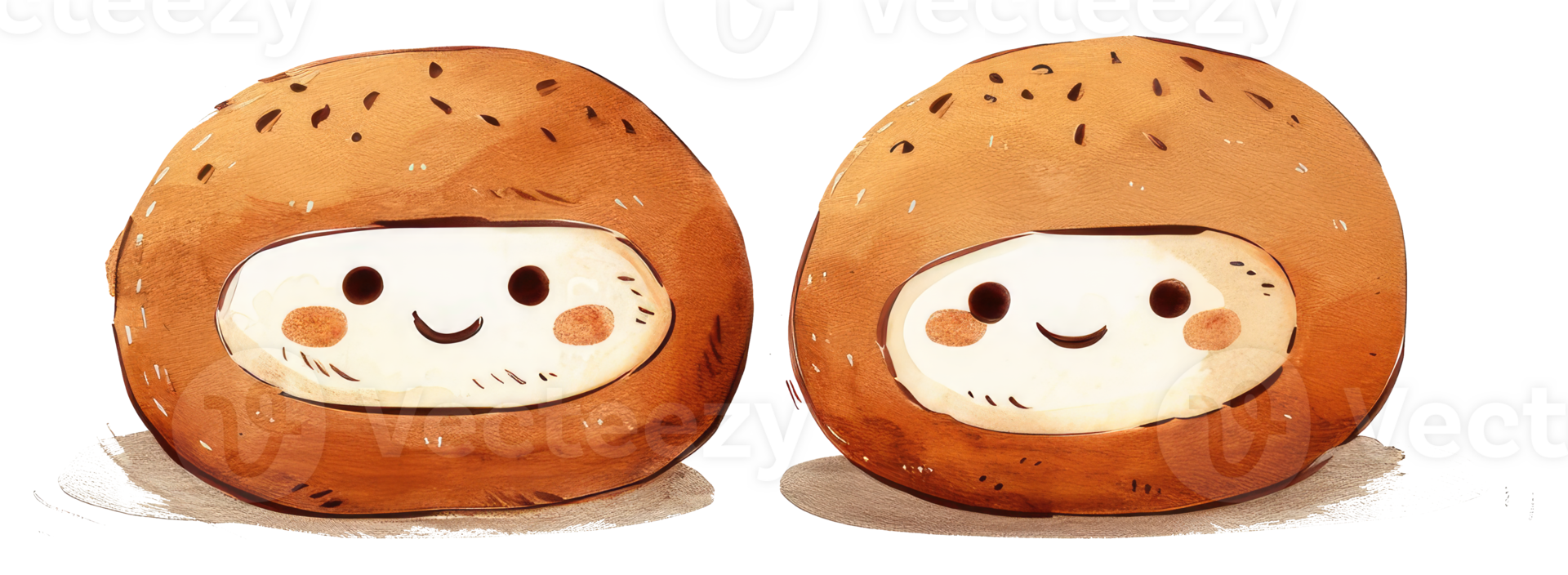 Two anthropomorphic pastries with friendly faces and joyful expressions png