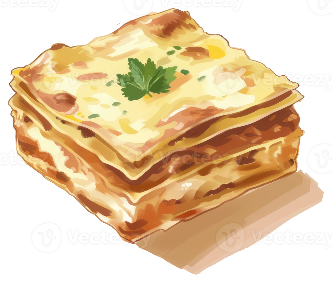 A delicious layered pasta dish topped with greenery and herbs png