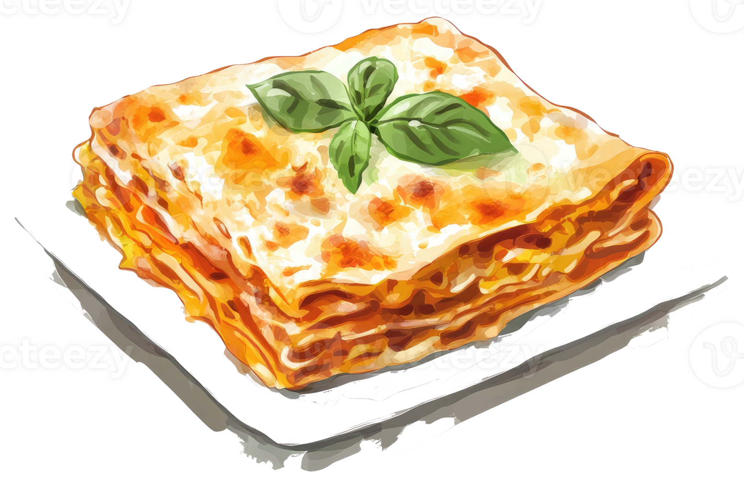 A delicious watercolor illustration of layered lasagna on a plate png