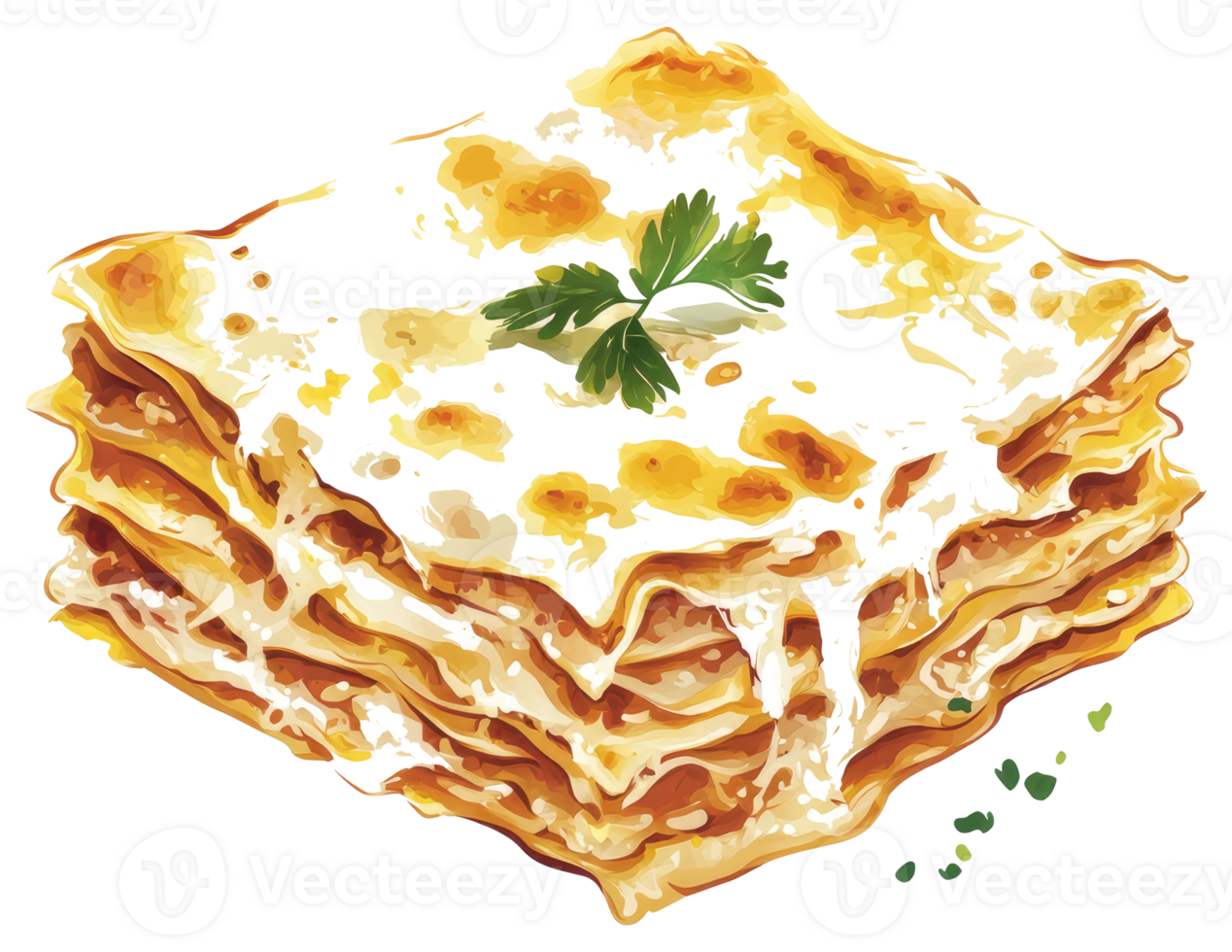 A delicious watercolor illustration of layered pasta with cheese and herbs png
