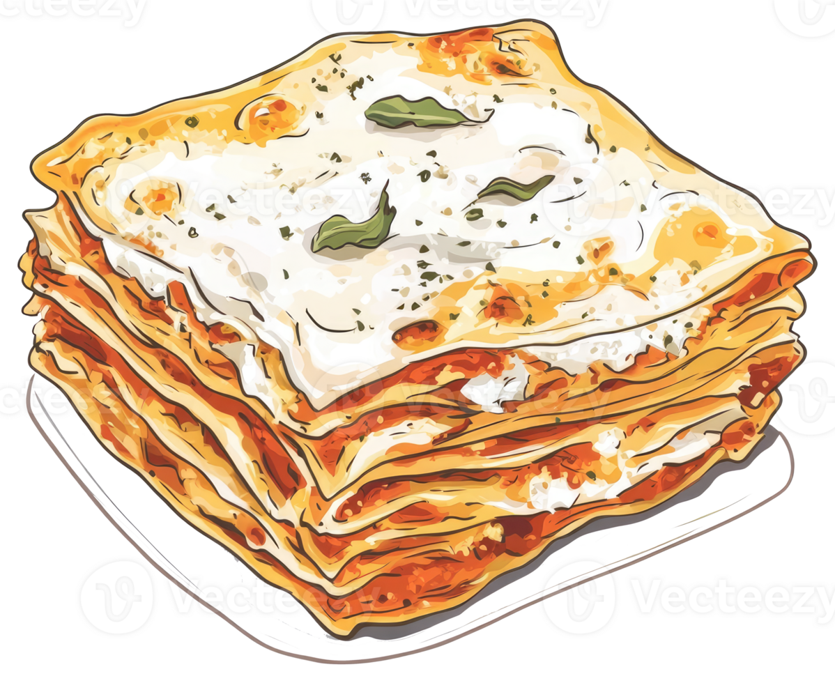 A delicious freshly cooked and layered pasta dish on a plate png