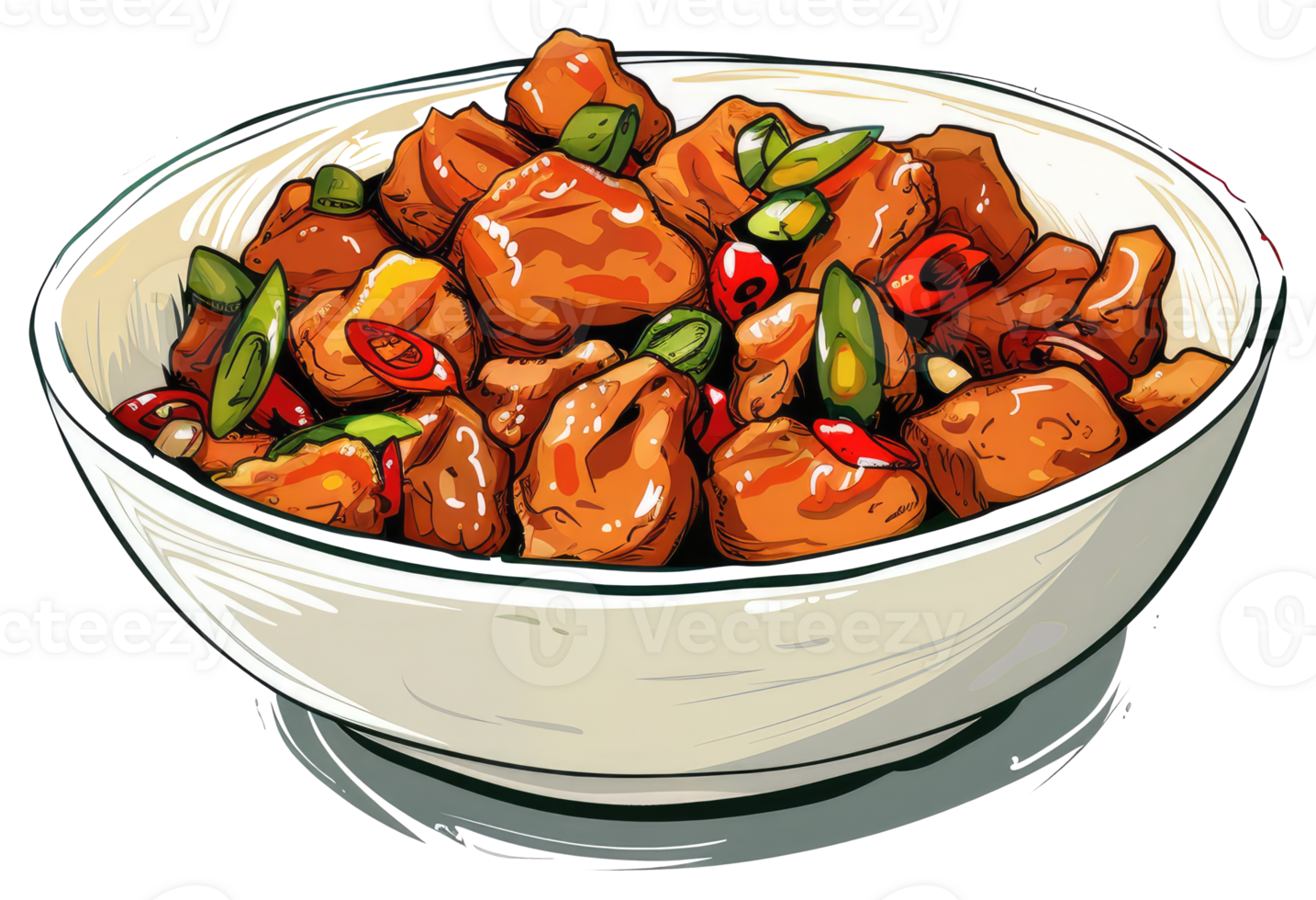 A bowl of cooked chicken with chili peppers and herbs png