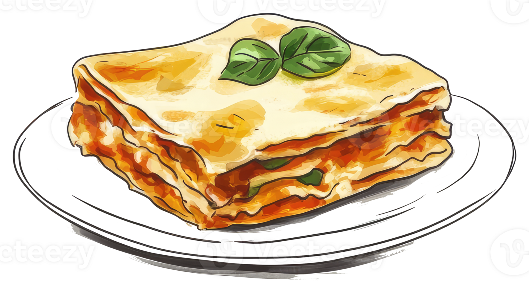 An artistic illustration shows a delicious lasagna on a white plate png