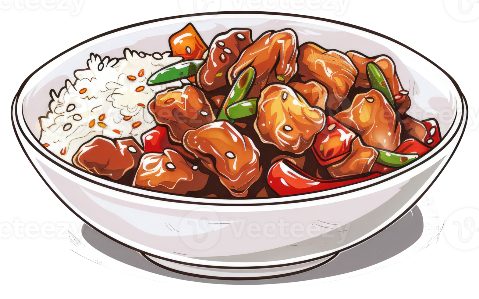 A decorative bowl containing rice and cooked meat and vegetables png