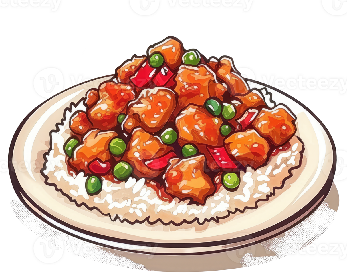 A delicious serving of sweet and sour chicken over rice png