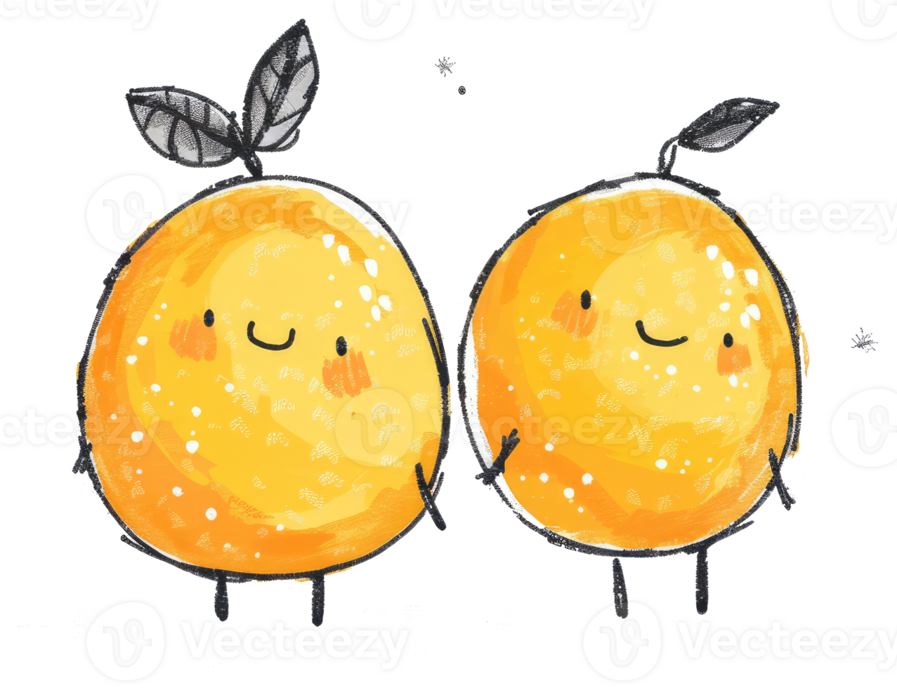 Two cute anthropomorphic citrus fruit characters with leaves are holding hands png