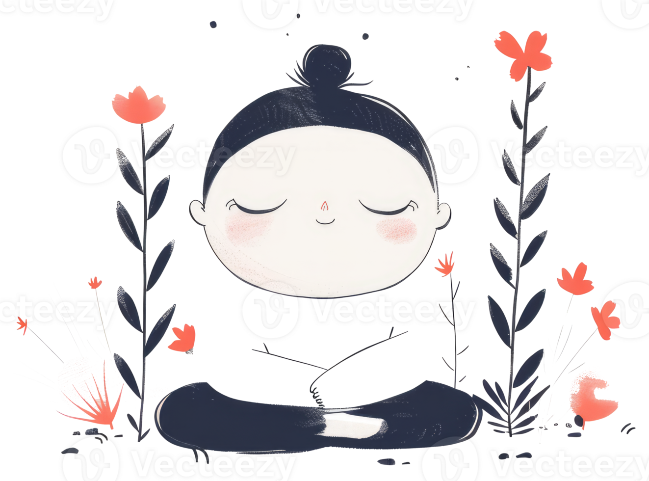 A cartoon depiction of someone meditating peacefully surrounded by flowers png