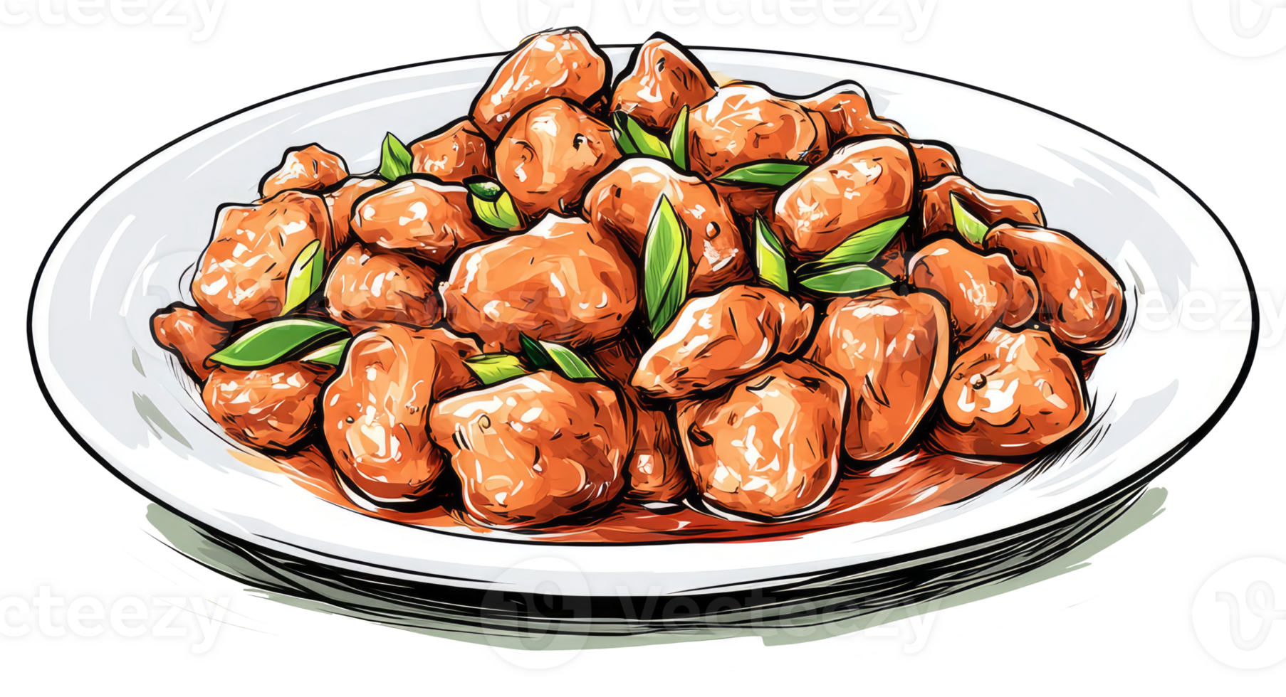 A Plate Showing Fried Chicken with Green Leaf Garnishes png