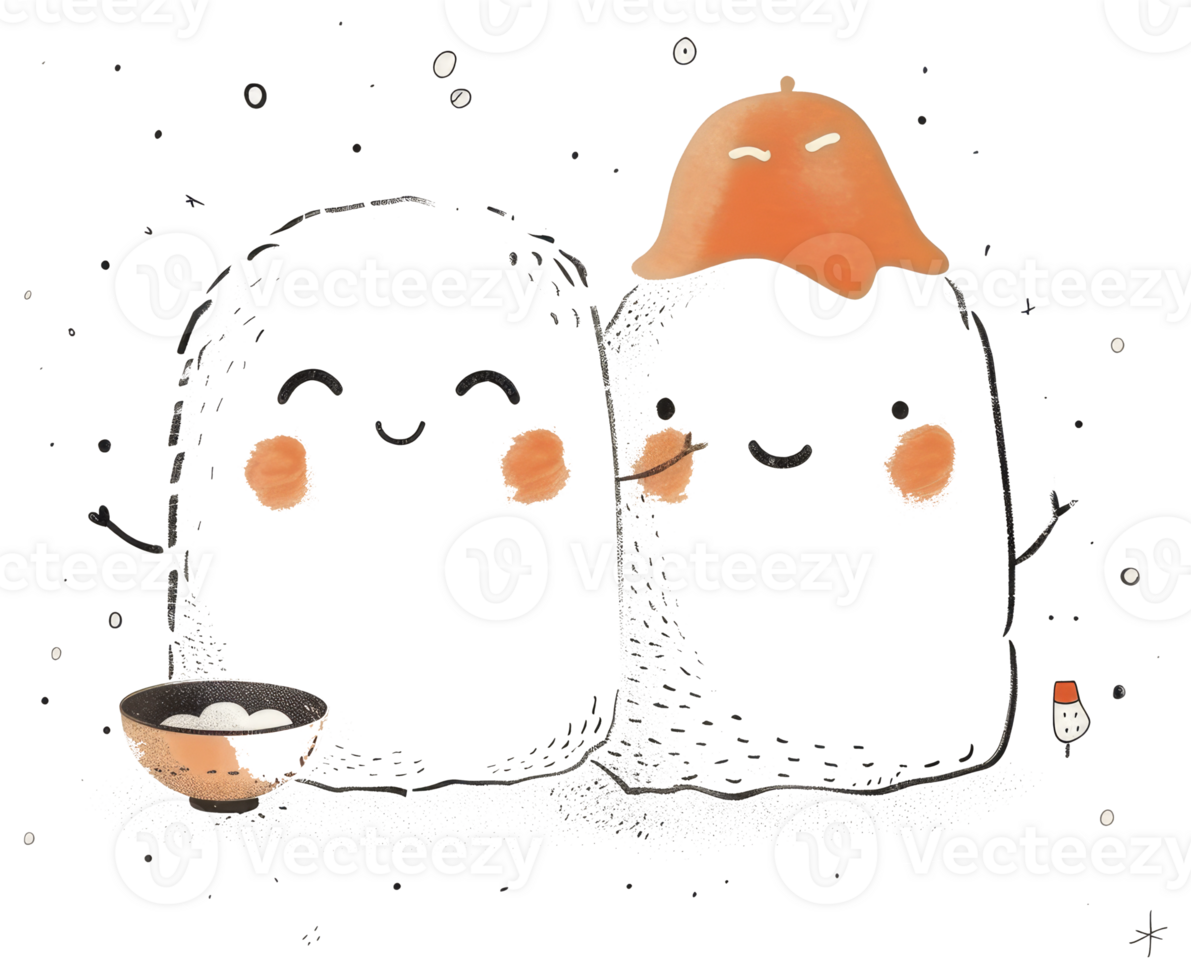 Two anthropomorphic food characters smile holding hands with small accessories png