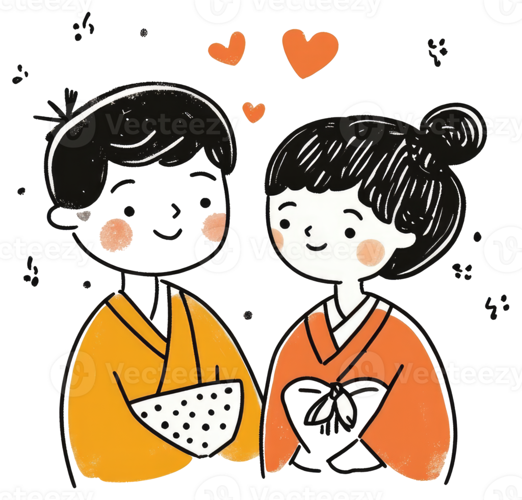 Adorable animated couple standing together with hearts expressing their affections png