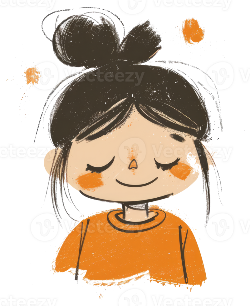A smiling girl with her eyes closed and hair in a bun png
