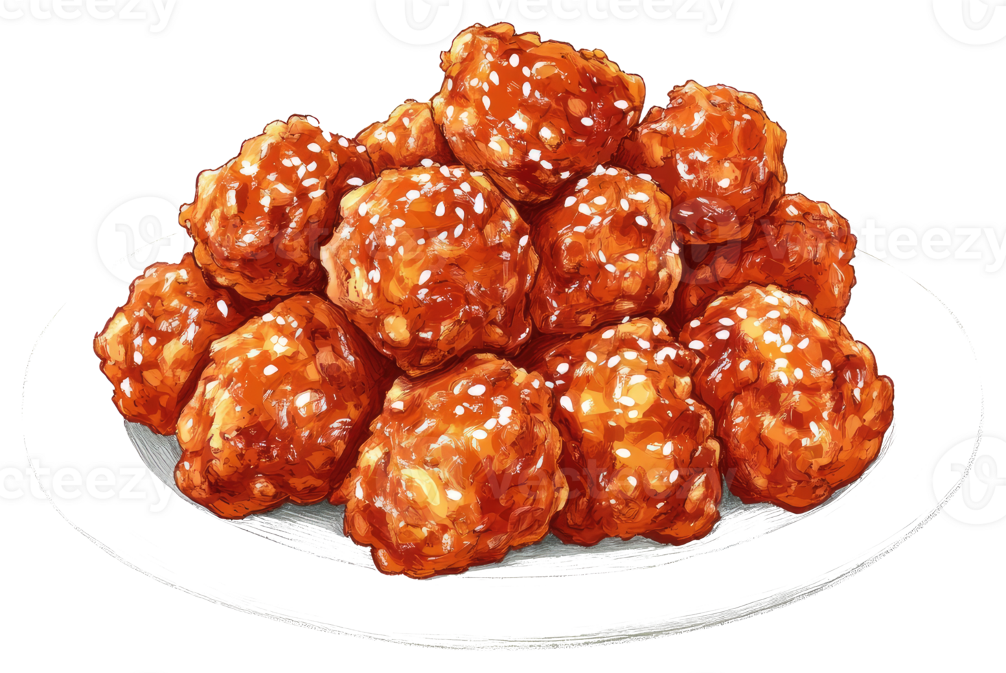 Delicious chicken pieces with sesame seeds on a white plate png
