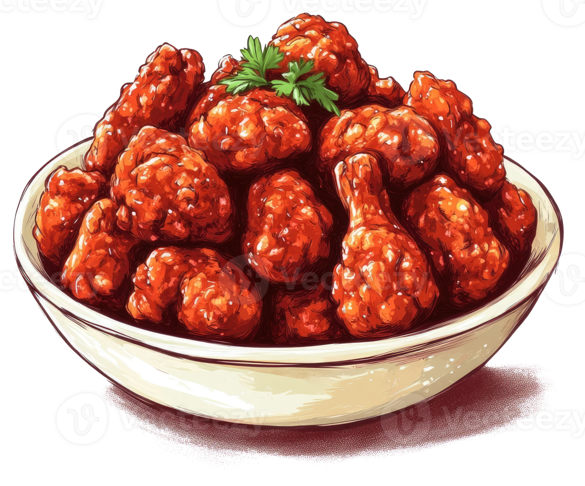 A Bowl Filled With Crispy Fried Chicken Pieces And Green Herbs png